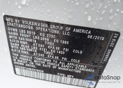 2019 Volkswagen Atlas 3.6L V6 Se z USA, uszkodzony, nr VIN 1V2LR2CA8KC578009